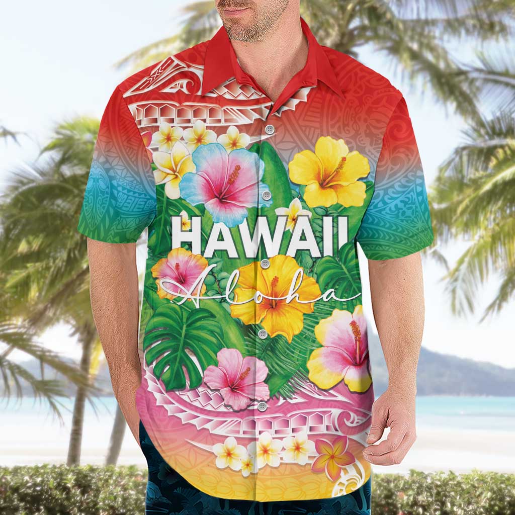 Hawaii Aloha Tropical Leaves and Flower Hawaiian Shirt with Polynesian Art Tattoo Rainbow Color - Polynesian Pride