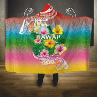 Hawaii Aloha Tropical Leaves and Flower Hooded Blanket with Polynesian Art Tattoo Rainbow Color - Polynesian Pride