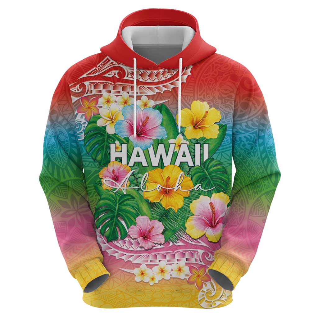 Hawaii Aloha Tropical Leaves and Flower Hoodie with Polynesian Art Tattoo Rainbow Color - Polynesian Pride