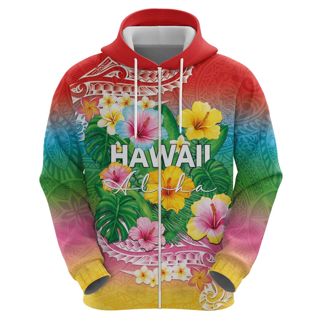 Hawaii Aloha Tropical Leaves and Flower Hoodie with Polynesian Art Tattoo Rainbow Color - Polynesian Pride