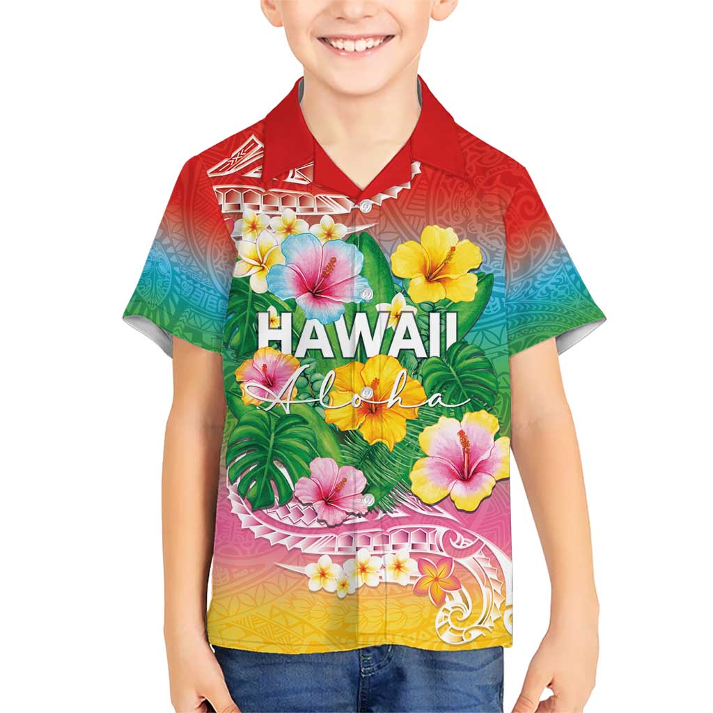 Hawaii Aloha Tropical Leaves and Flower Kid Hawaiian Shirt with Polynesian Art Tattoo Rainbow Color - Polynesian Pride