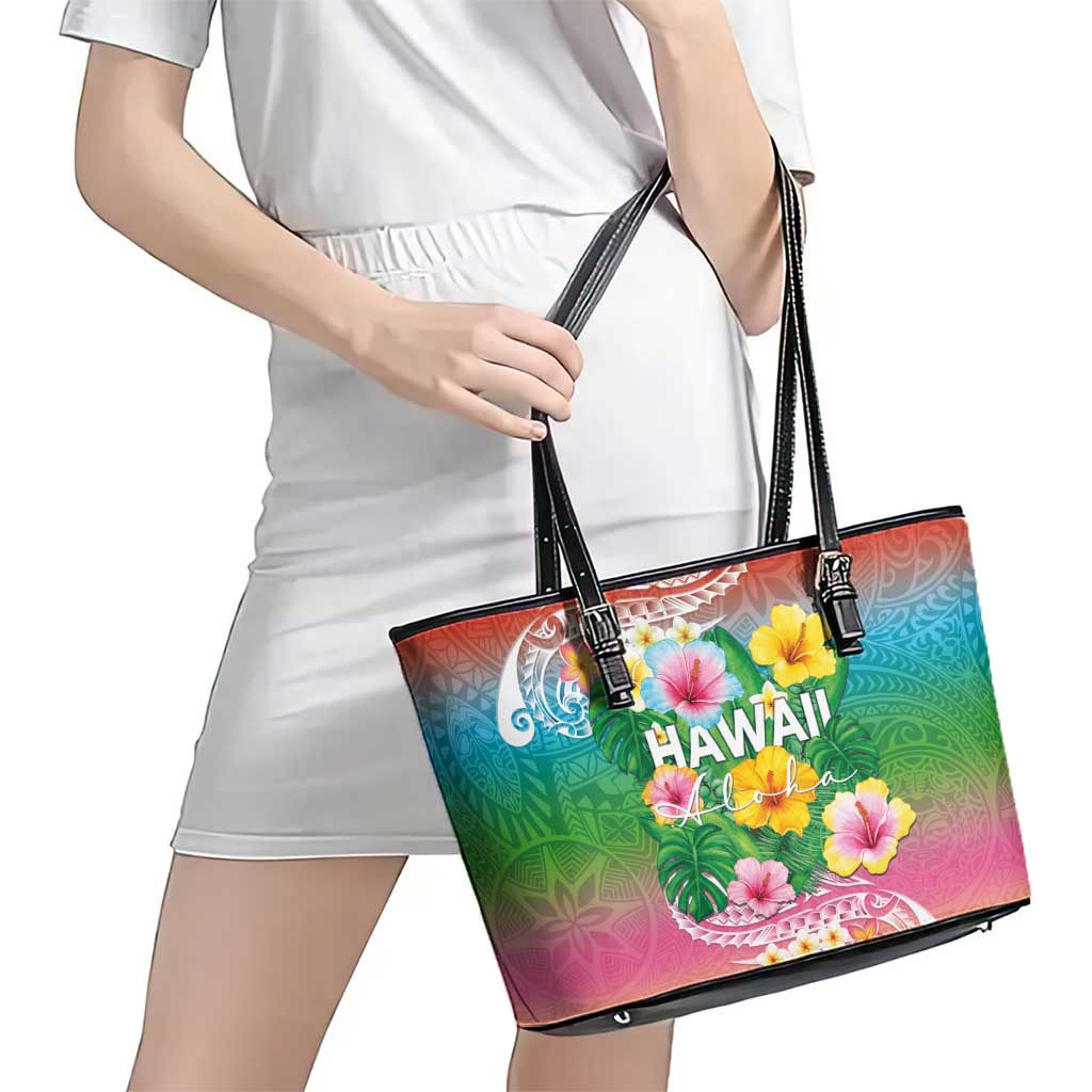 Hawaii Aloha Tropical Leaves and Flower Leather Tote Bag with Polynesian Art Tattoo Rainbow Color - Polynesian Pride