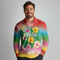 Hawaii Aloha Tropical Leaves and Flower Long Sleeve Polo Shirt with Polynesian Art Tattoo Rainbow Color - Polynesian Pride
