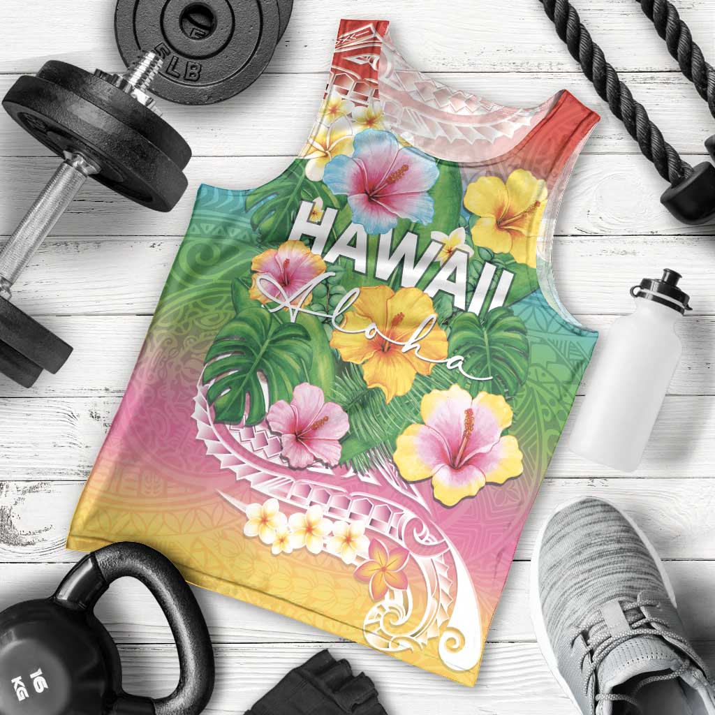 Hawaii Aloha Tropical Leaves and Flower Men Tank Top with Polynesian Art Tattoo Rainbow Color - Polynesian Pride