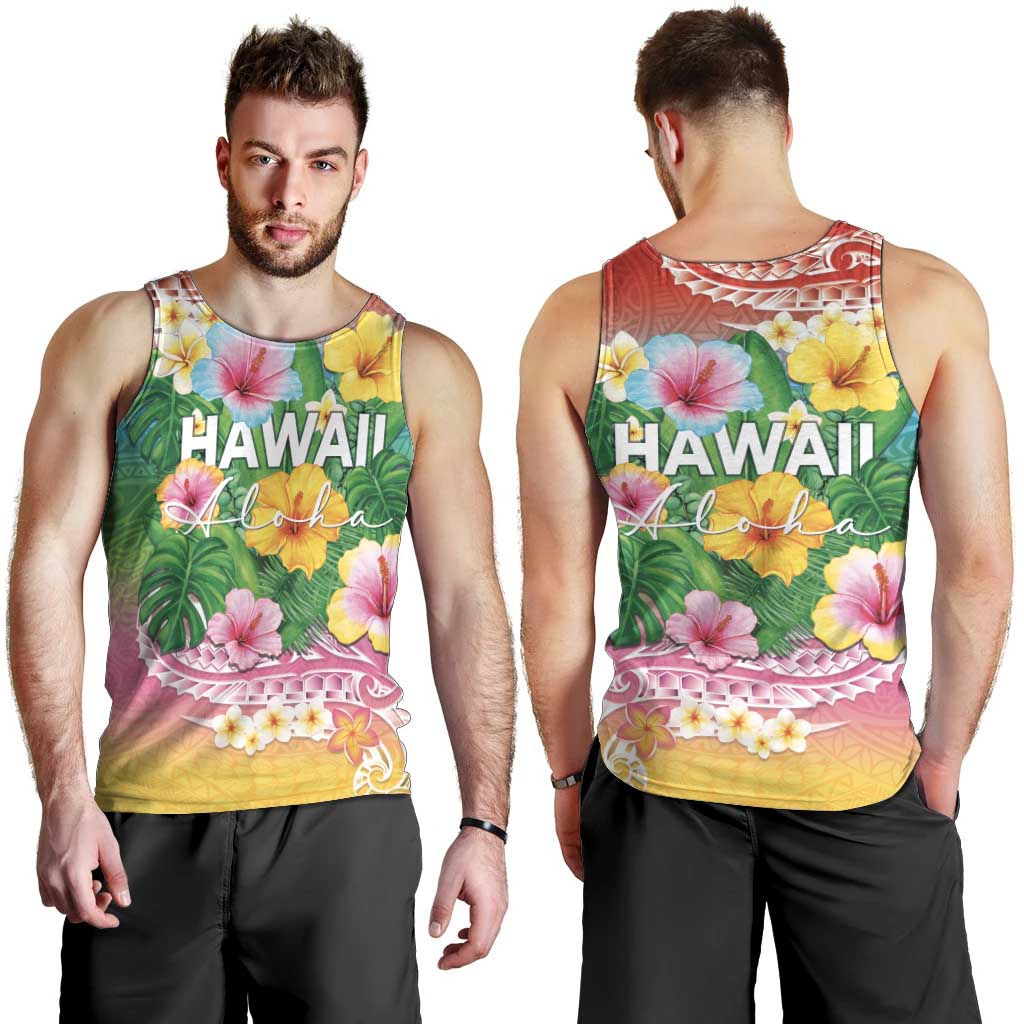 Hawaii Aloha Tropical Leaves and Flower Men Tank Top with Polynesian Art Tattoo Rainbow Color - Polynesian Pride
