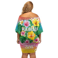 Hawaii Aloha Tropical Leaves and Flower Off Shoulder Short Dress with Polynesian Art Tattoo Rainbow Color - Polynesian Pride