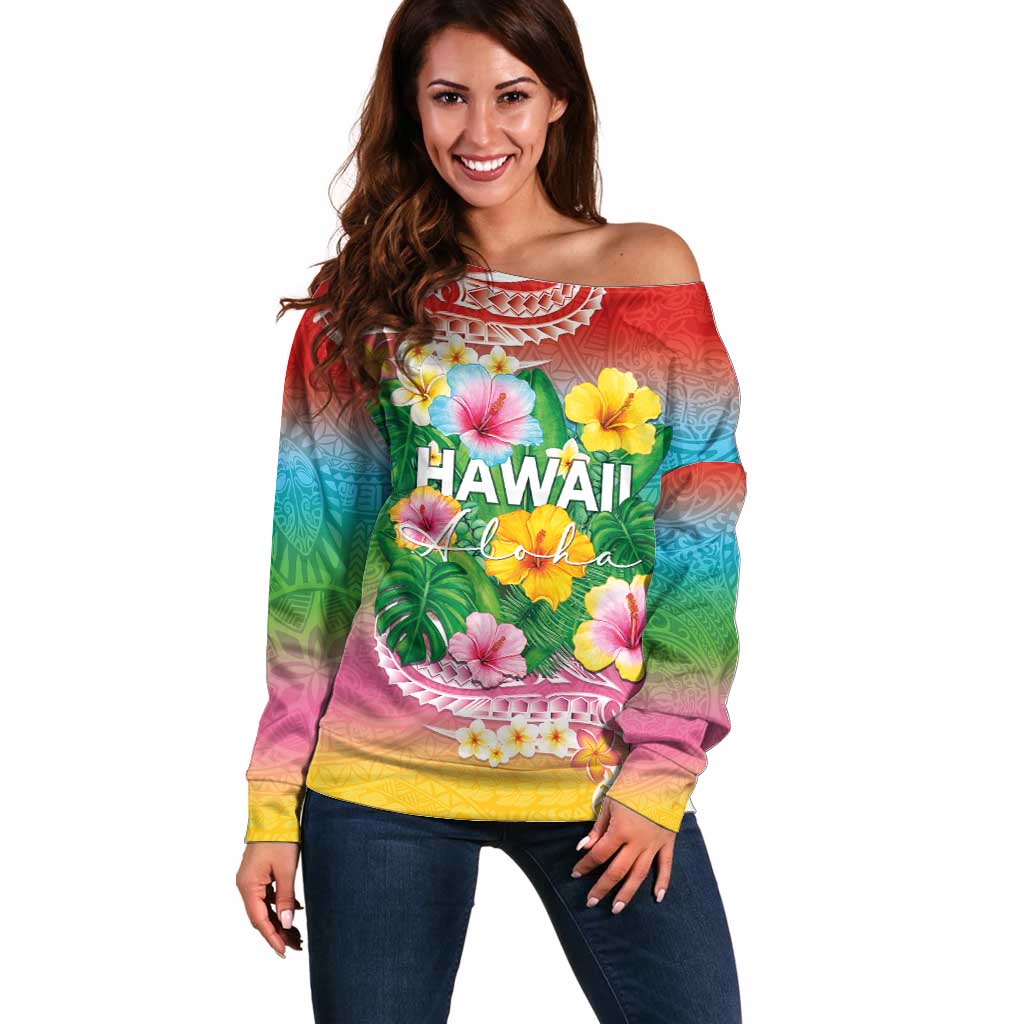 Hawaii Aloha Tropical Leaves and Flower Off Shoulder Sweater with Polynesian Art Tattoo Rainbow Color - Polynesian Pride