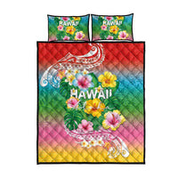 Hawaii Aloha Tropical Leaves and Flower Quilt Bed Set with Polynesian Art Tattoo Rainbow Color - Polynesian Pride