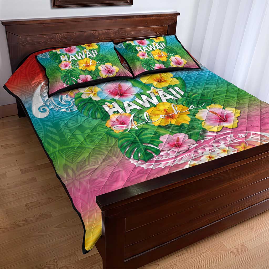 Hawaii Aloha Tropical Leaves and Flower Quilt Bed Set with Polynesian Art Tattoo Rainbow Color - Polynesian Pride