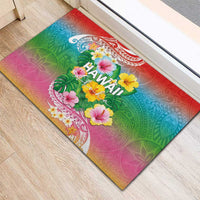Hawaii Aloha Tropical Leaves and Flower Rubber Doormat with Polynesian Art Tattoo Rainbow Color - Polynesian Pride
