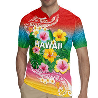 Hawaii Aloha Tropical Leaves and Flower Rugby Jersey with Polynesian Art Tattoo Rainbow Color - Polynesian Pride
