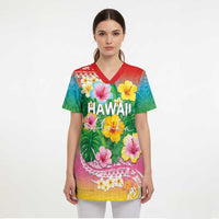 Hawaii Aloha Tropical Leaves and Flower Scrub Top with Polynesian Art Tattoo Rainbow Color - Polynesian Pride