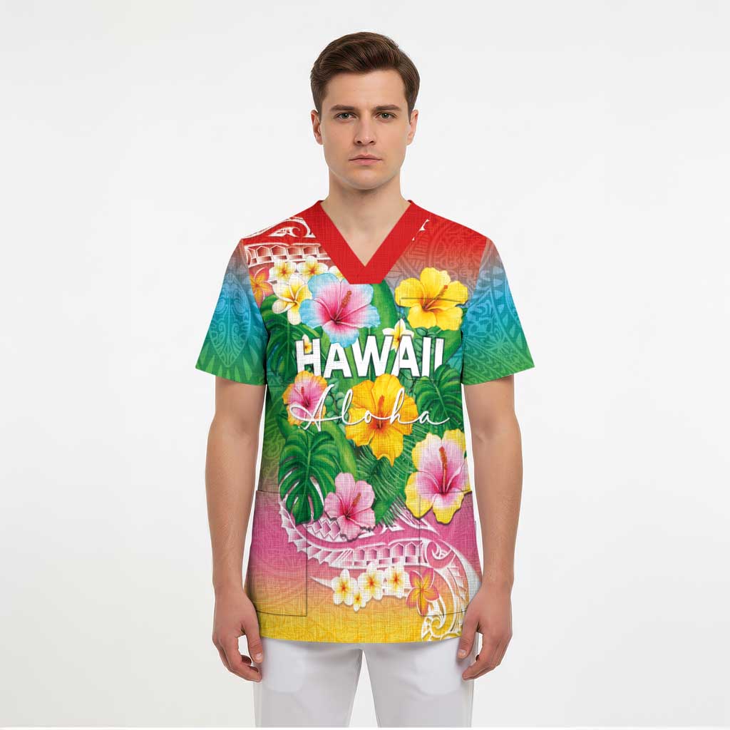 Hawaii Aloha Tropical Leaves and Flower Scrub Top with Polynesian Art Tattoo Rainbow Color - Polynesian Pride