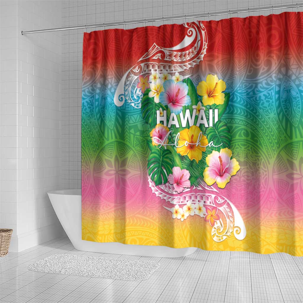 Hawaii Aloha Tropical Leaves and Flower Shower Curtain with Polynesian Art Tattoo Rainbow Color - Polynesian Pride