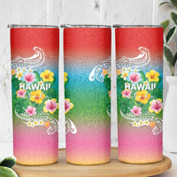 Hawaii Aloha Tropical Leaves and Flower Skinny Tumbler with Polynesian Art Tattoo Rainbow Color - Polynesian Pride