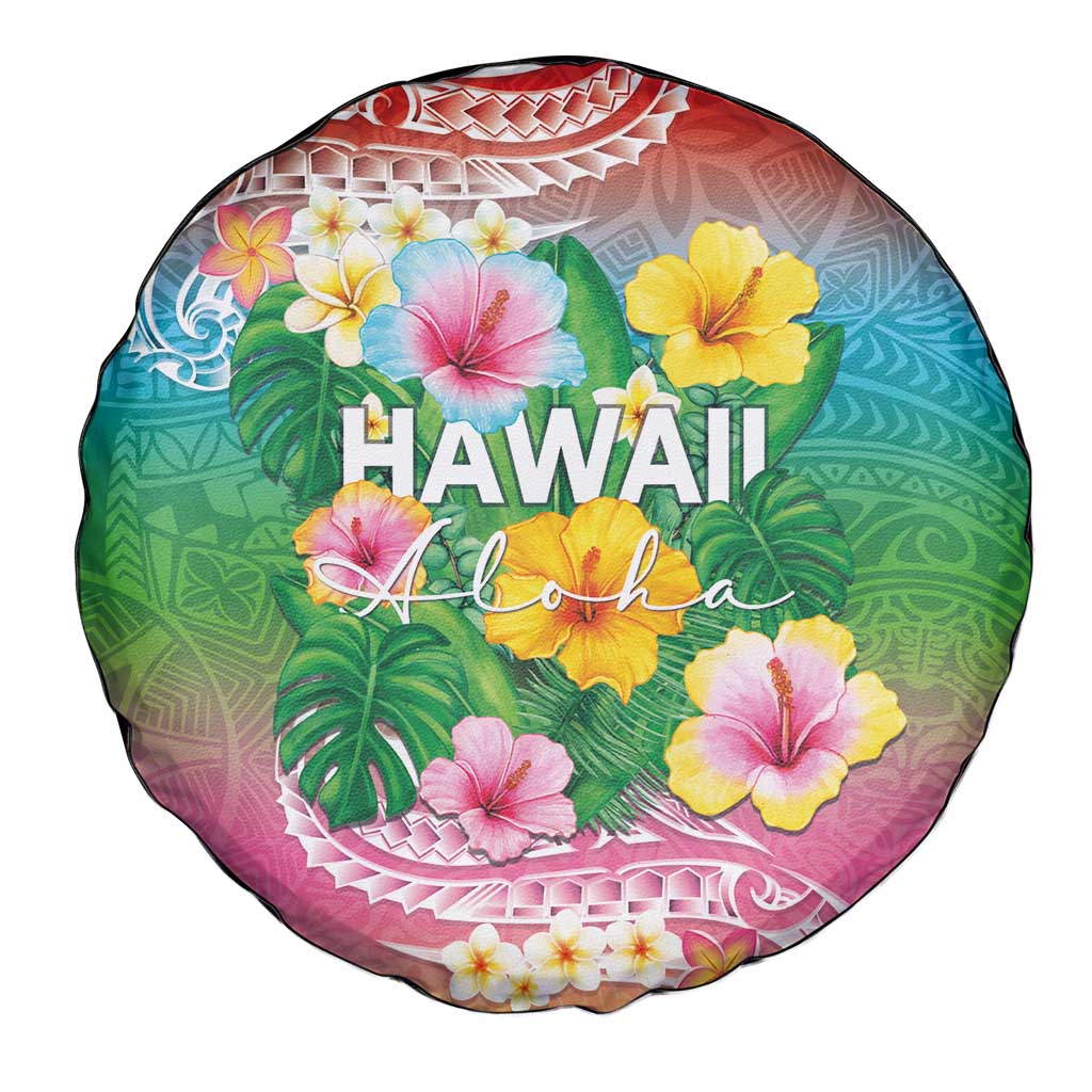 Hawaii Aloha Tropical Leaves and Flower Spare Tire Cover with Polynesian Art Tattoo Rainbow Color - Polynesian Pride