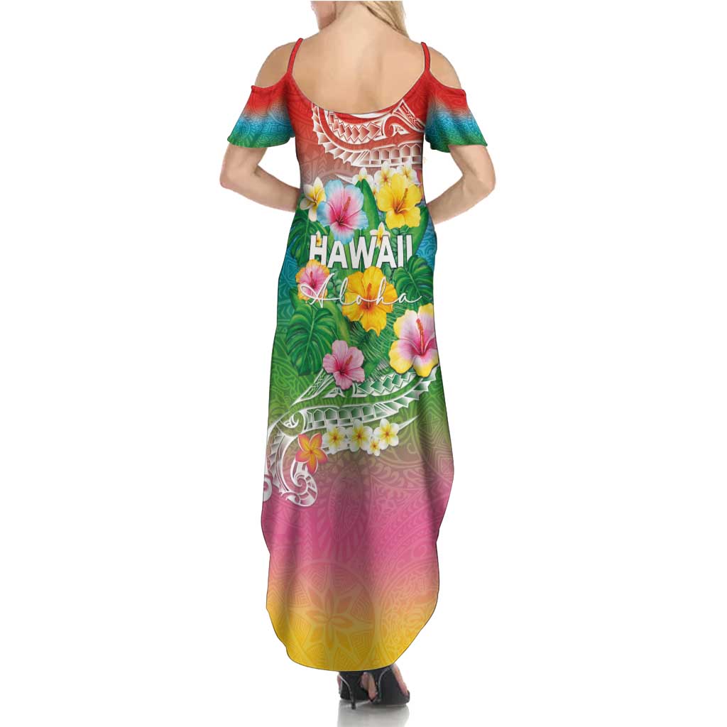 Hawaii Aloha Tropical Leaves and Flower Summer Maxi Dress with Polynesian Art Tattoo Rainbow Color - Polynesian Pride