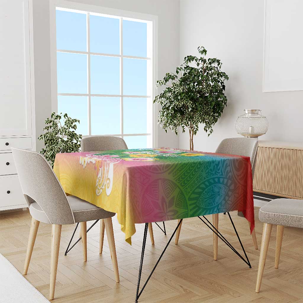 Hawaii Aloha Tropical Leaves and Flower Tablecloth with Polynesian Art Tattoo Rainbow Color - Polynesian Pride