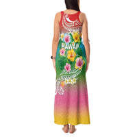 Hawaii Aloha Tropical Leaves and Flower Tank Maxi Dress with Polynesian Art Tattoo Rainbow Color - Polynesian Pride