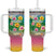 Hawaii Aloha Tropical Leaves and Flower Tumbler With Handle with Polynesian Art Tattoo Rainbow Color - Polynesian Pride