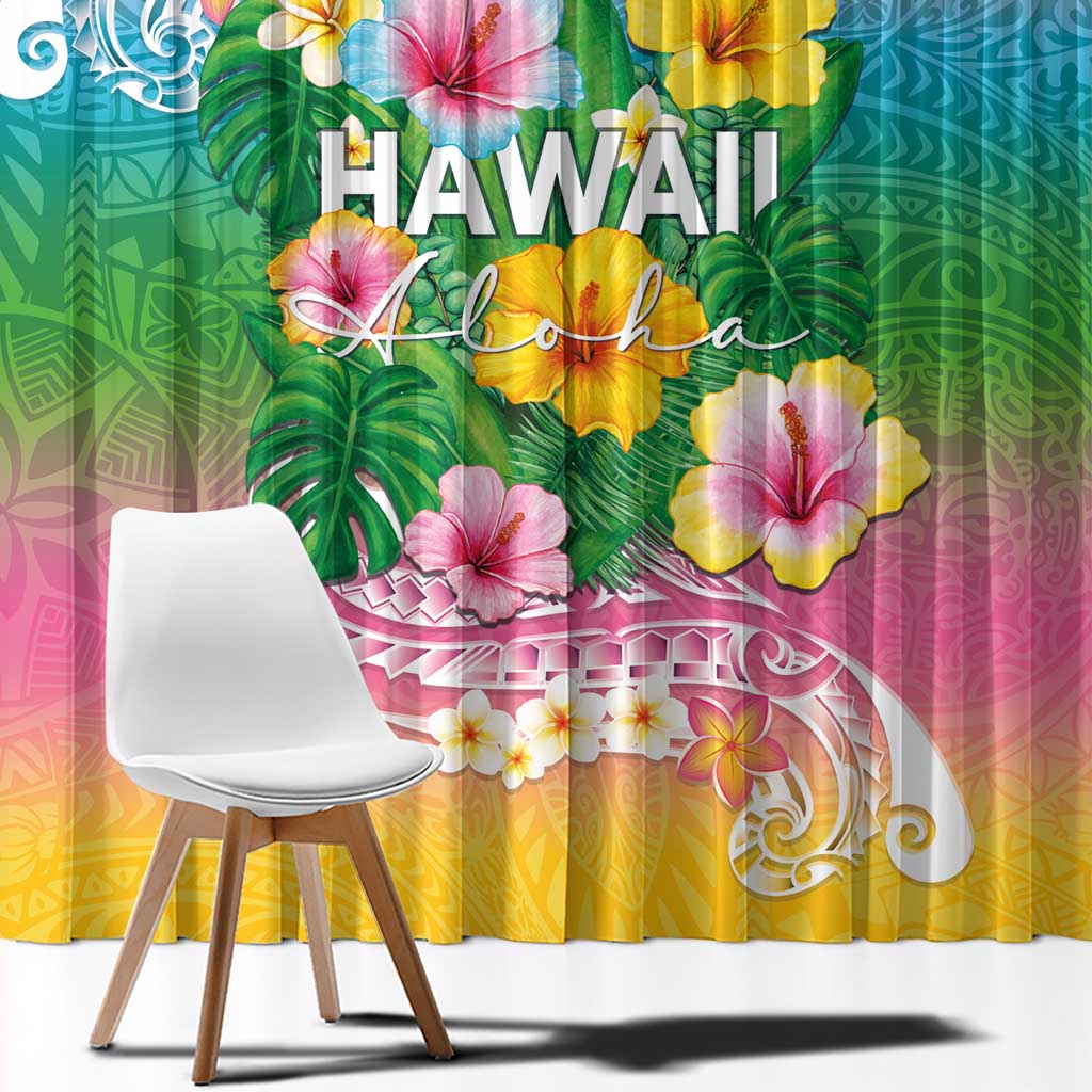 Hawaii Aloha Tropical Leaves and Flower Window Curtain with Polynesian Art Tattoo Rainbow Color - Polynesian Pride