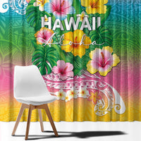 Hawaii Aloha Tropical Leaves and Flower Window Curtain with Polynesian Art Tattoo Rainbow Color - Polynesian Pride