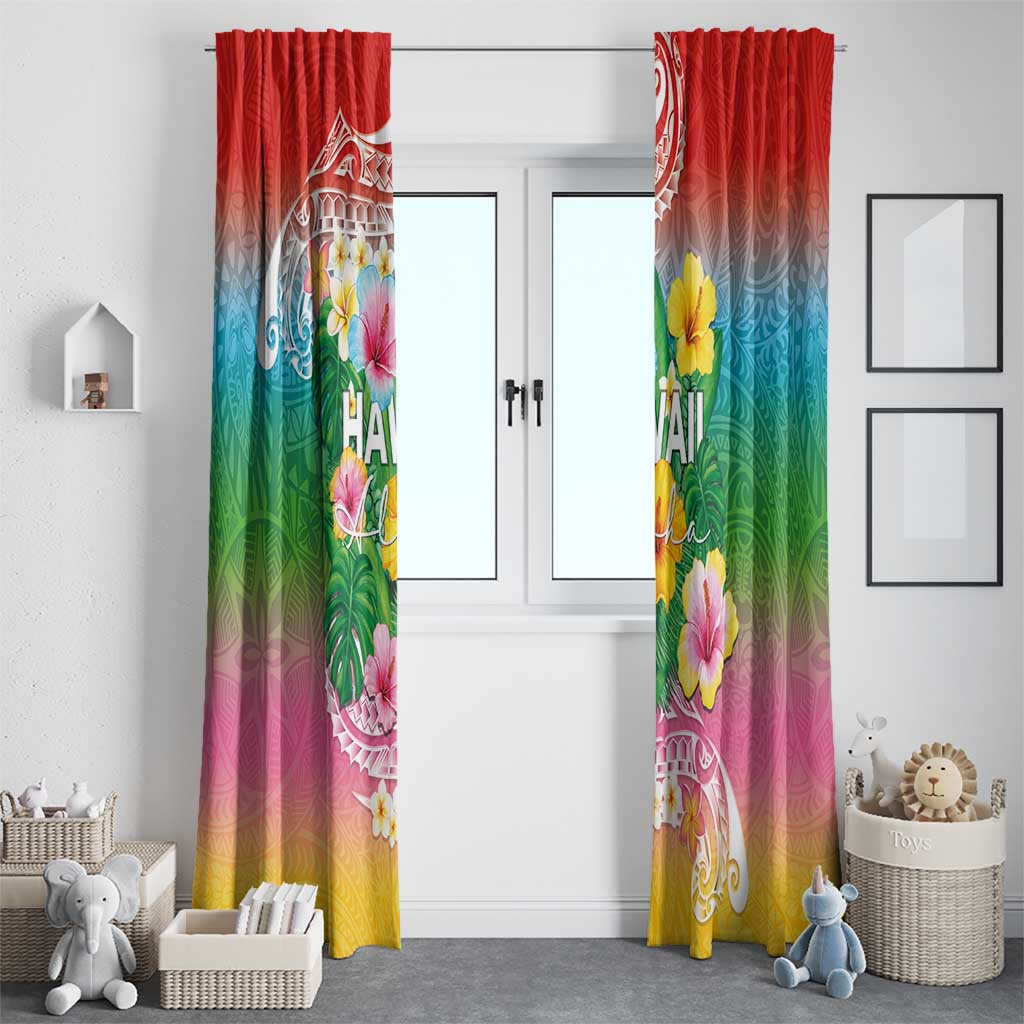 Hawaii Aloha Tropical Leaves and Flower Window Curtain with Polynesian Art Tattoo Rainbow Color - Polynesian Pride