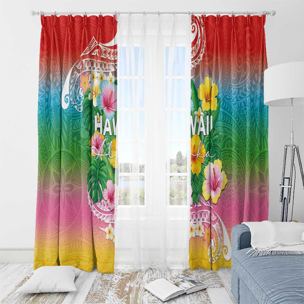 Hawaii Aloha Tropical Leaves and Flower Window Curtain with Polynesian Art Tattoo Rainbow Color - Polynesian Pride