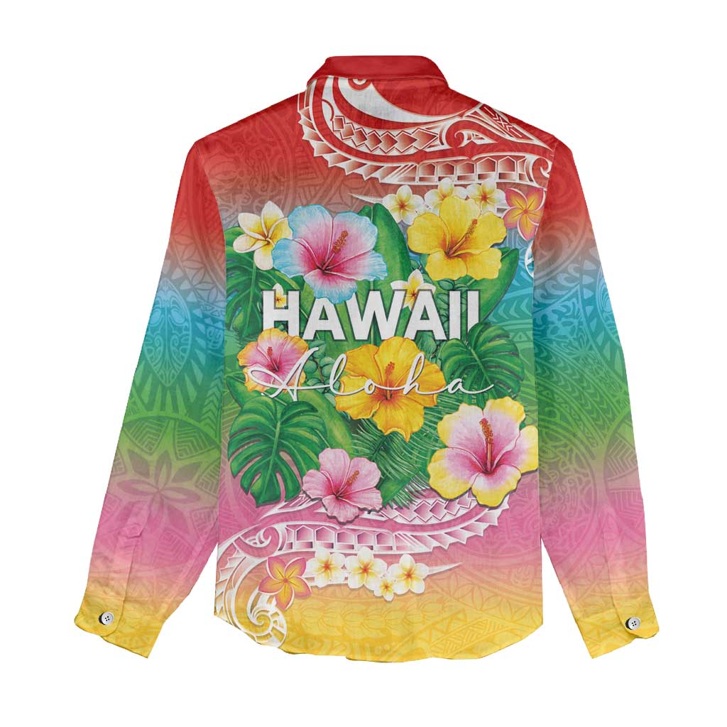 Hawaii Aloha Tropical Leaves and Flower Women Casual Shirt with Polynesian Art Tattoo Rainbow Color - Polynesian Pride