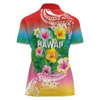 Hawaii Aloha Tropical Leaves and Flower Women Polo Shirt with Polynesian Art Tattoo Rainbow Color - Polynesian Pride