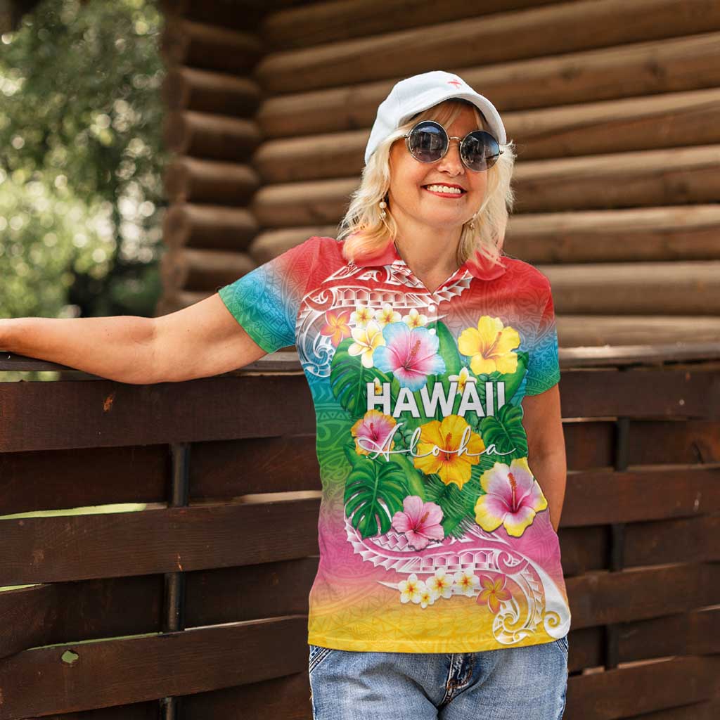 Hawaii Aloha Tropical Leaves and Flower Women Polo Shirt with Polynesian Art Tattoo Rainbow Color - Polynesian Pride
