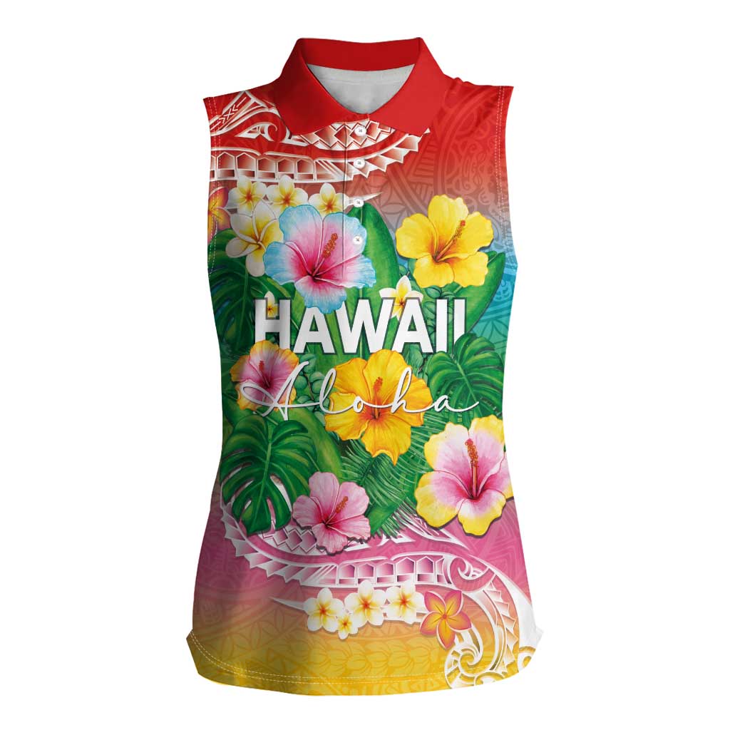 Hawaii Aloha Tropical Leaves and Flower Women Sleeveless Polo Shirt with Polynesian Art Tattoo Rainbow Color - Polynesian Pride
