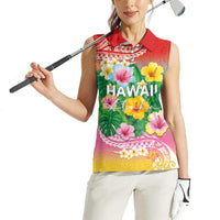 Hawaii Aloha Tropical Leaves and Flower Women Sleeveless Polo Shirt with Polynesian Art Tattoo Rainbow Color - Polynesian Pride