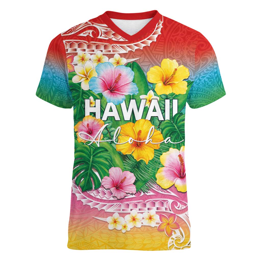 Hawaii Aloha Tropical Leaves and Flower Women V-Neck T-Shirt with Polynesian Art Tattoo Rainbow Color - Polynesian Pride