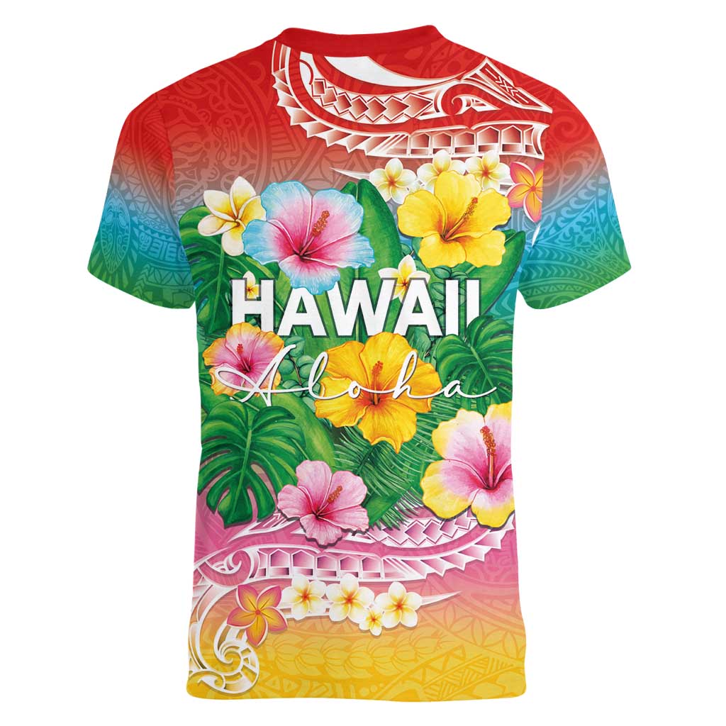 Hawaii Aloha Tropical Leaves and Flower Women V-Neck T-Shirt with Polynesian Art Tattoo Rainbow Color - Polynesian Pride
