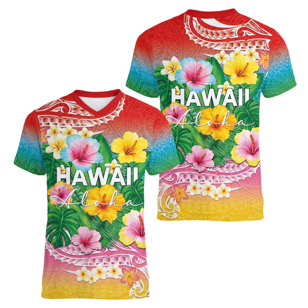 Hawaii Aloha Tropical Leaves and Flower Women V-Neck T-Shirt with Polynesian Art Tattoo Rainbow Color - Polynesian Pride
