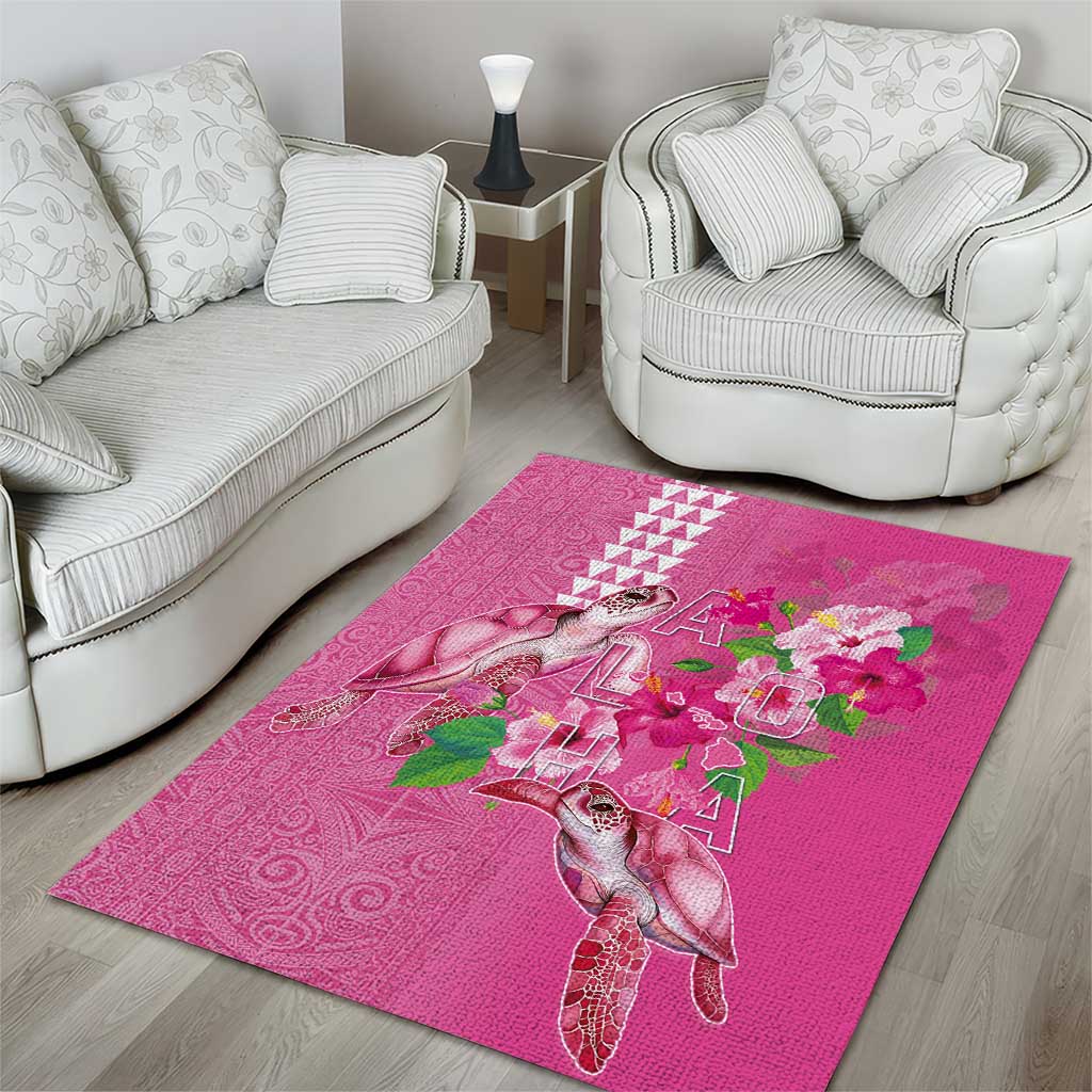 Hawaii Aloha Turtle Hibiscus and Leaves Area Rug with Polynesian and Kakau Tattoos Rose Color - Polynesian Pride