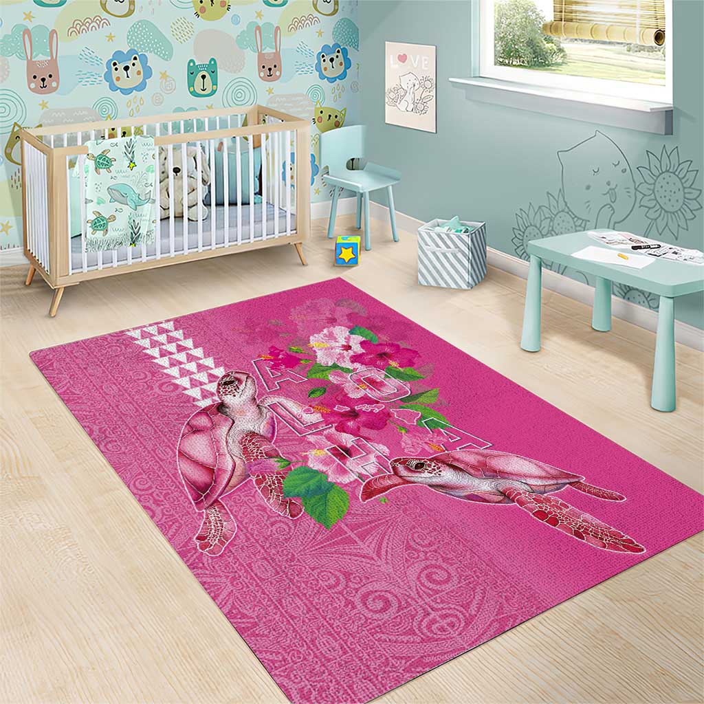 Hawaii Aloha Turtle Hibiscus and Leaves Area Rug with Polynesian and Kakau Tattoos Rose Color - Polynesian Pride