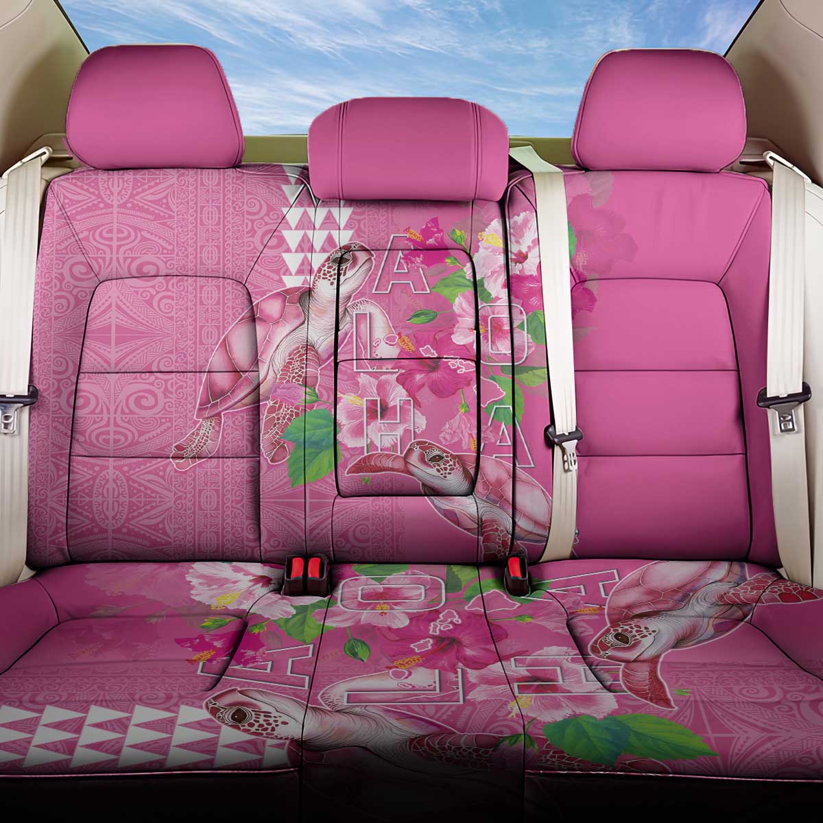 Hawaii Aloha Turtle Hibiscus and Leaves Back Car Seat Cover with Polynesian and Kakau Tattoos Rose Color - Polynesian Pride