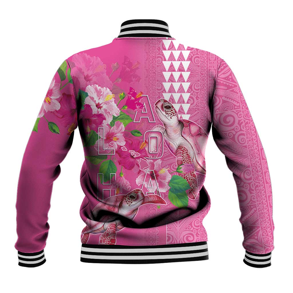 Hawaii Aloha Turtle Hibiscus and Leaves Baseball Jacket with Polynesian and Kakau Tattoos Rose Color - Polynesian Pride