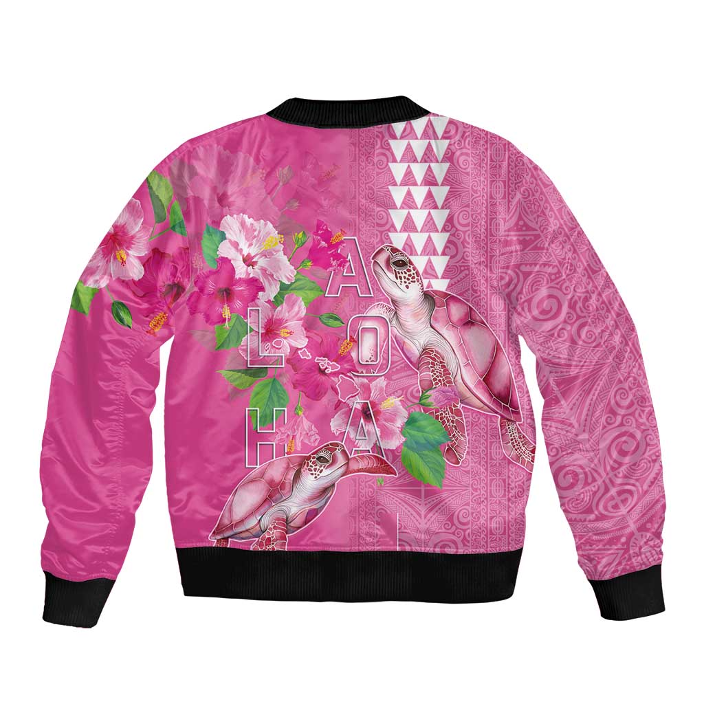 Hawaii Aloha Turtle Hibiscus and Leaves Bomber Jacket with Polynesian and Kakau Tattoos Rose Color - Polynesian Pride
