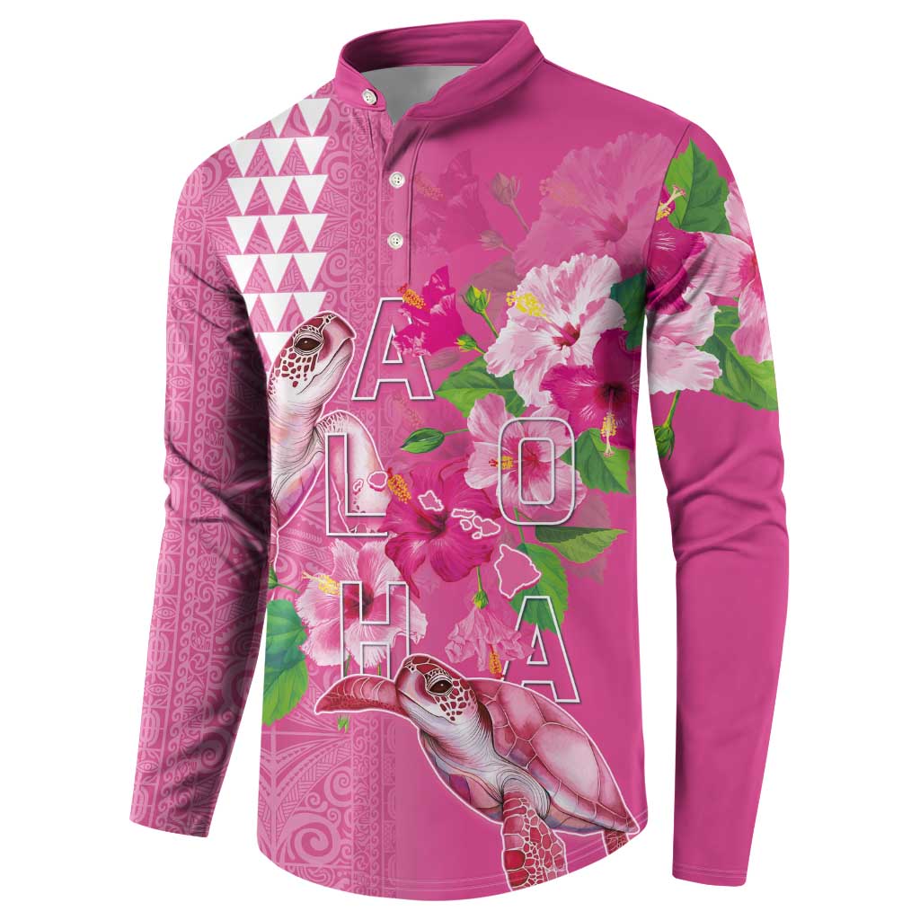 Hawaii Aloha Turtle Hibiscus and Leaves Button Sweatshirt with Polynesian and Kakau Tattoos Rose Color - Polynesian Pride