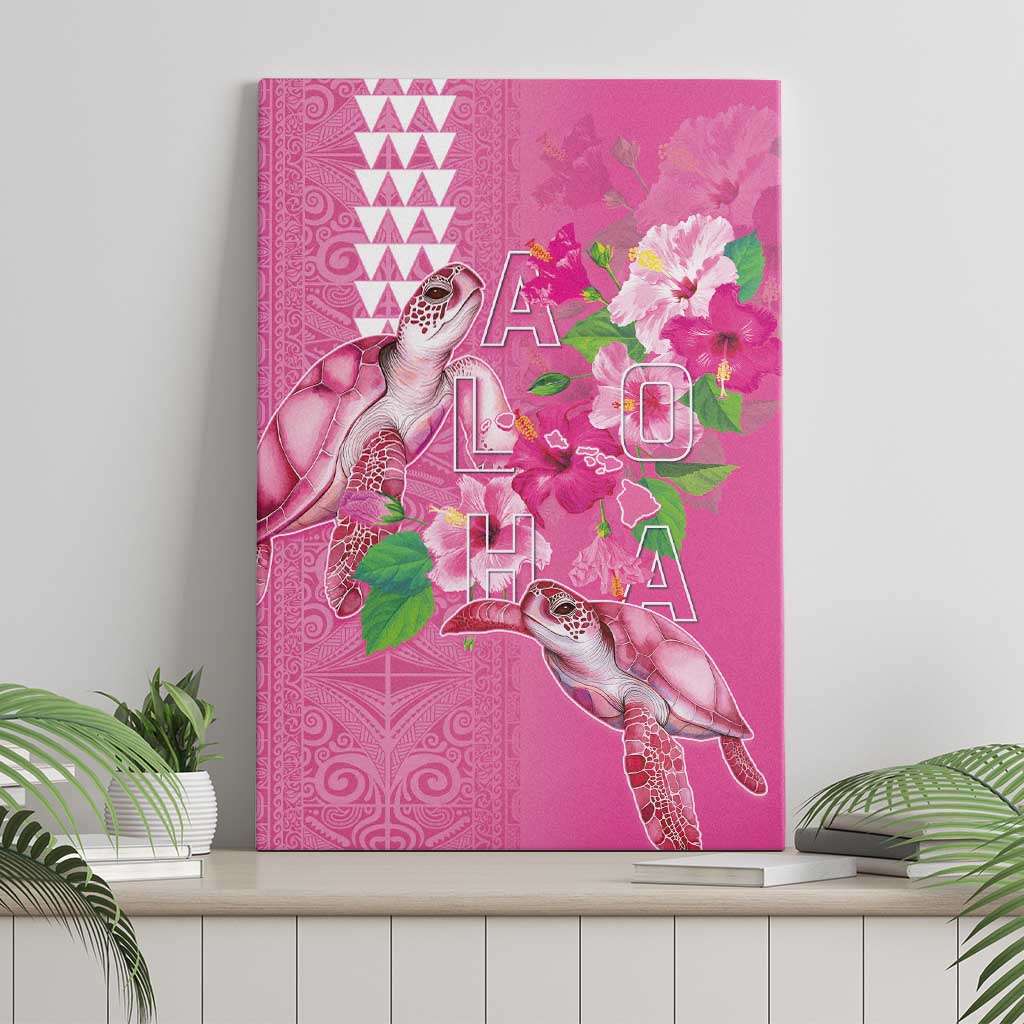 Hawaii Aloha Turtle Hibiscus and Leaves Canvas Wall Art with Polynesian and Kakau Tattoos Rose Color - Polynesian Pride
