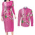 Hawaii Aloha Turtle Hibiscus and Leaves Couples Matching Long Sleeve Bodycon Dress and Long Sleeve Button Shirt with Polynesian and Kakau Tattoos Rose Color - Polynesian Pride