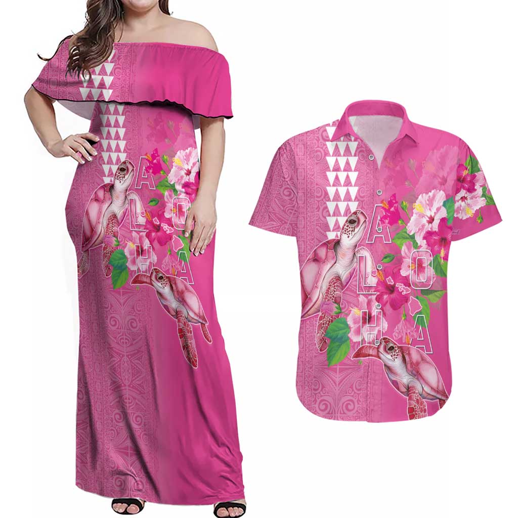 Hawaii Aloha Turtle Hibiscus and Leaves Couples Matching Off Shoulder Maxi Dress and Hawaiian Shirt with Polynesian and Kakau Tattoos Rose Color - Polynesian Pride