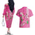 Hawaii Aloha Turtle Hibiscus and Leaves Couples Matching Off The Shoulder Long Sleeve Dress and Hawaiian Shirt with Polynesian and Kakau Tattoos Rose Color - Polynesian Pride