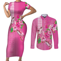 Hawaii Aloha Turtle Hibiscus and Leaves Couples Matching Short Sleeve Bodycon Dress and Long Sleeve Button Shirt with Polynesian and Kakau Tattoos Rose Color - Polynesian Pride