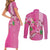 Hawaii Aloha Turtle Hibiscus and Leaves Couples Matching Short Sleeve Bodycon Dress and Long Sleeve Button Shirt with Polynesian and Kakau Tattoos Rose Color - Polynesian Pride