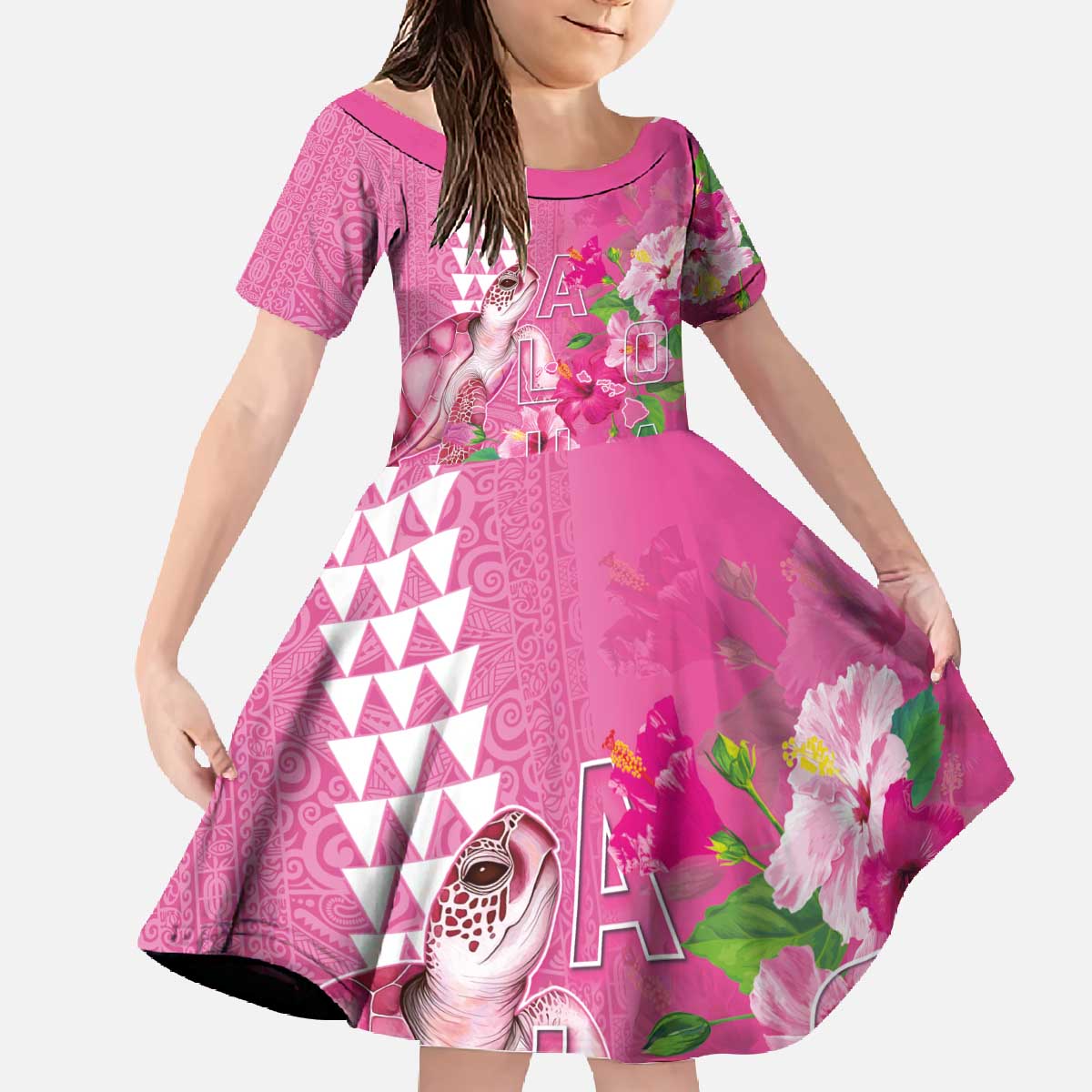 Hawaii Aloha Turtle Hibiscus and Leaves Family Matching Off The Shoulder Long Sleeve Dress and Hawaiian Shirt with Polynesian and Kakau Tattoos Rose Color - Polynesian Pride