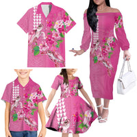Hawaii Aloha Turtle Hibiscus and Leaves Family Matching Off The Shoulder Long Sleeve Dress and Hawaiian Shirt with Polynesian and Kakau Tattoos Rose Color - Polynesian Pride